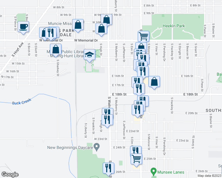 map of restaurants, bars, coffee shops, grocery stores, and more near 2412 South Walnut Street in Muncie