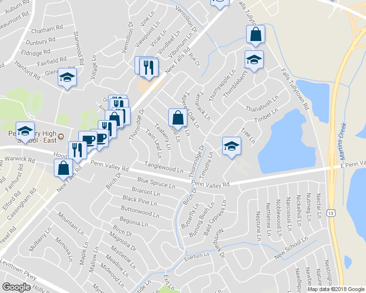 map of restaurants, bars, coffee shops, grocery stores, and more near 26 Tulip Lane in Levittown