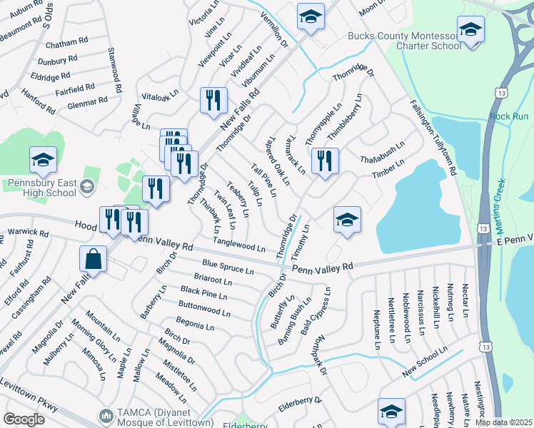 map of restaurants, bars, coffee shops, grocery stores, and more near 26 Tulip Lane in Levittown