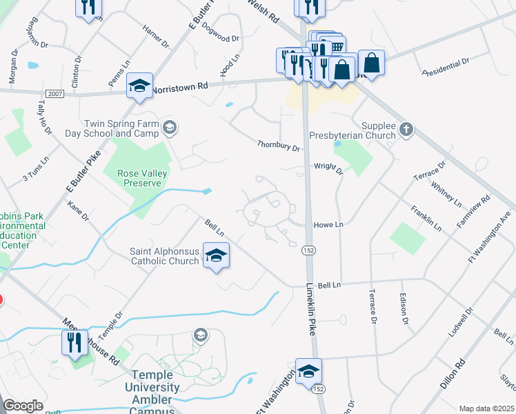 map of restaurants, bars, coffee shops, grocery stores, and more near 206 Bolton Court in Maple Glen