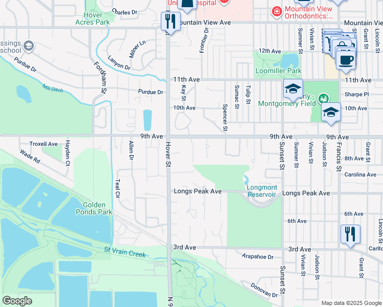 map of restaurants, bars, coffee shops, grocery stores, and more near 815 Hillside Court in Longmont