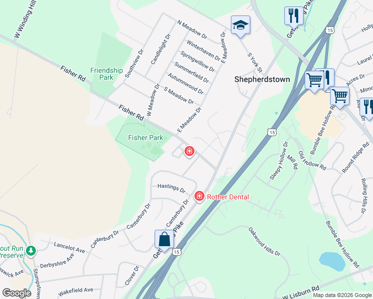 map of restaurants, bars, coffee shops, grocery stores, and more near 592 Meadowcroft Circle in Mechanicsburg