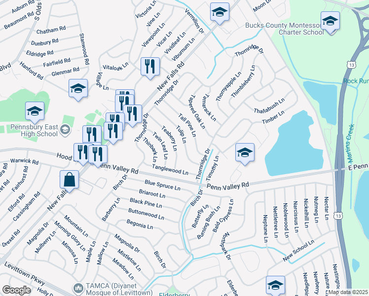 map of restaurants, bars, coffee shops, grocery stores, and more near 33 Tulip Lane in Levittown
