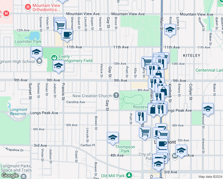 map of restaurants, bars, coffee shops, grocery stores, and more near 816 Gay Street in Longmont