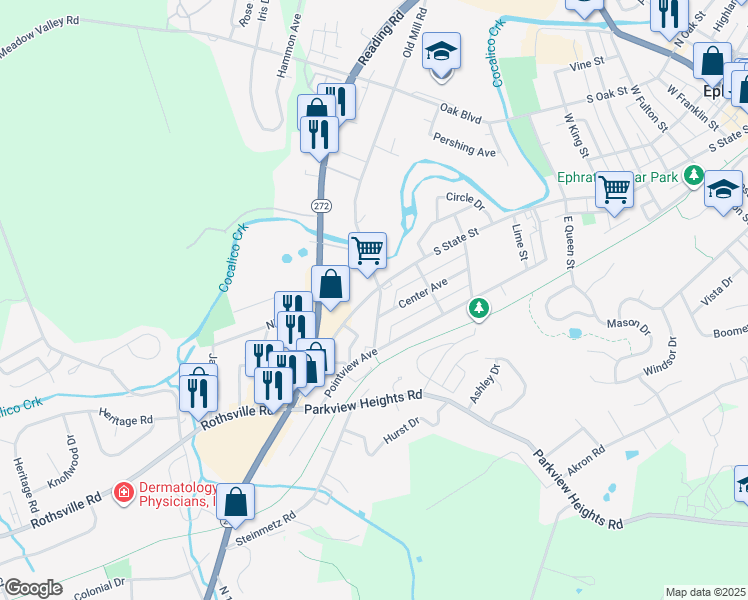 map of restaurants, bars, coffee shops, grocery stores, and more near 15 Sycamore Road in Ephrata