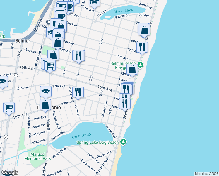 map of restaurants, bars, coffee shops, grocery stores, and more near 218 16th Avenue in Belmar