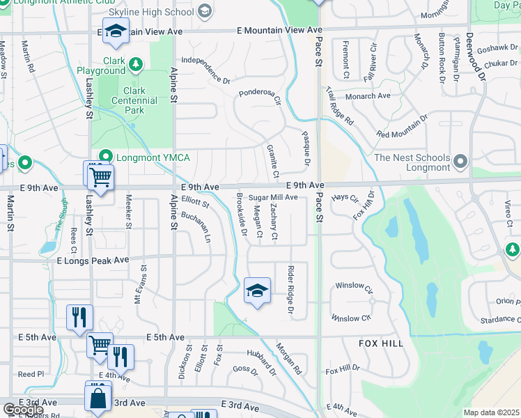 map of restaurants, bars, coffee shops, grocery stores, and more near 806 Megan Court in Longmont