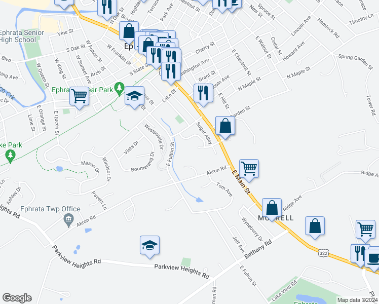 map of restaurants, bars, coffee shops, grocery stores, and more near 40 Michael Court in Ephrata