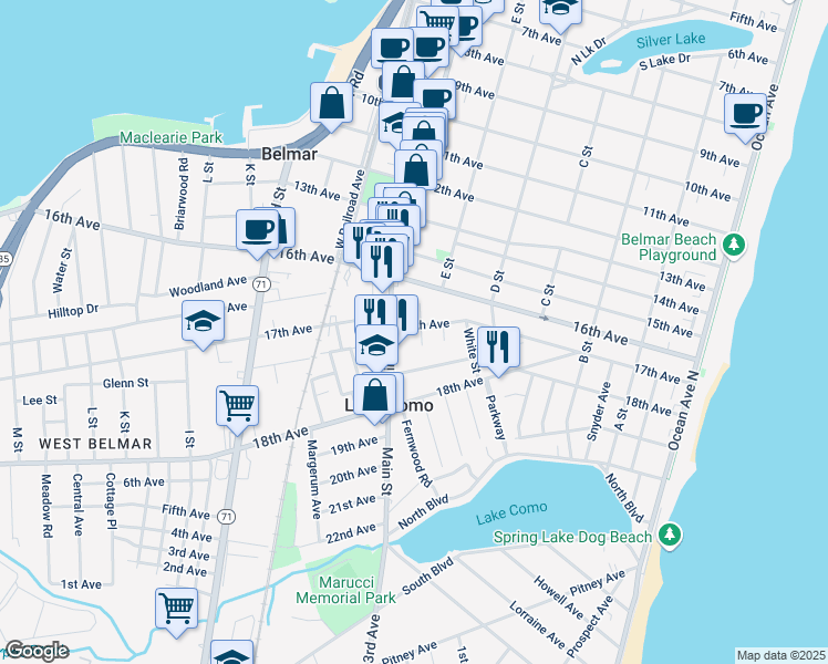 map of restaurants, bars, coffee shops, grocery stores, and more near 1701 E Street in Lake Como