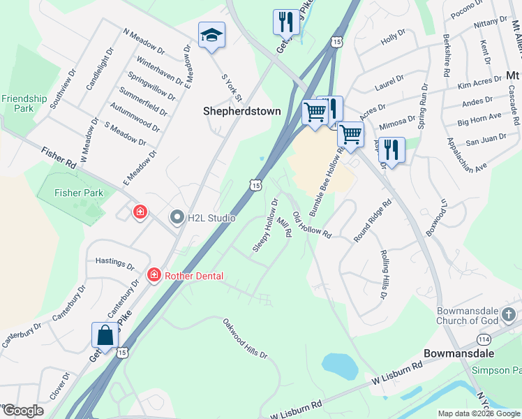 map of restaurants, bars, coffee shops, grocery stores, and more near 2328 Mill Road in Mechanicsburg