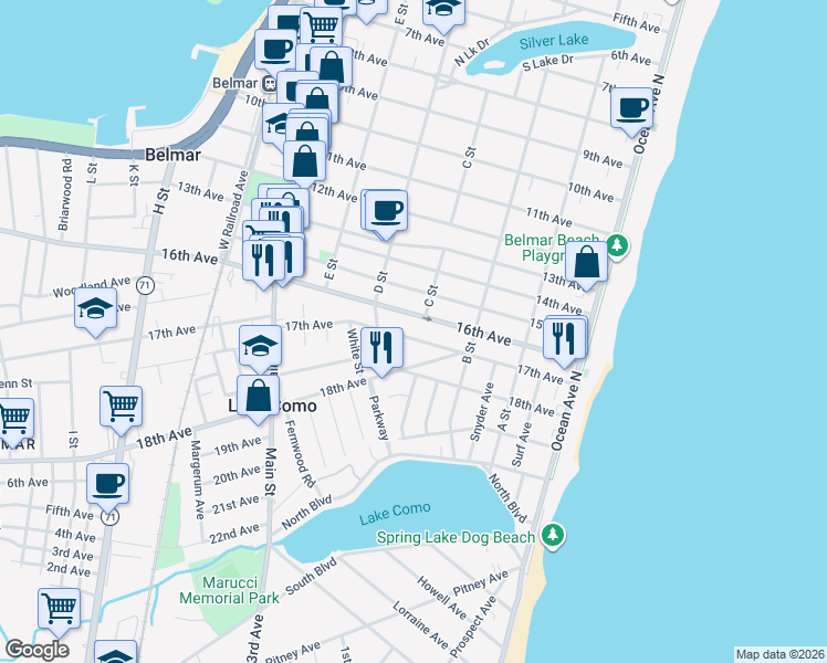 map of restaurants, bars, coffee shops, grocery stores, and more near 402 17th Avenue in Belmar