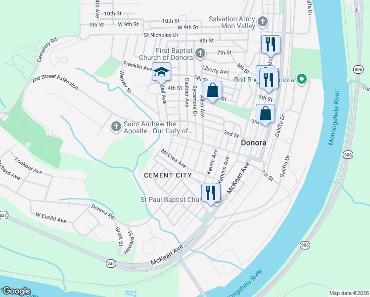 map of restaurants, bars, coffee shops, grocery stores, and more near 84 Castner Avenue in Donora