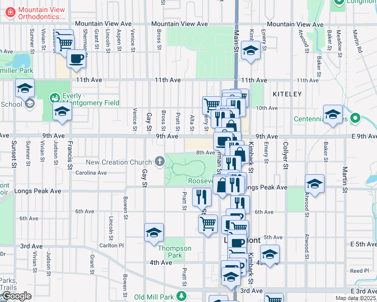 map of restaurants, bars, coffee shops, grocery stores, and more near 760 8th Avenue in Longmont
