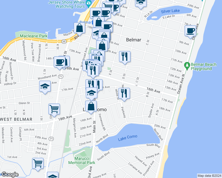 map of restaurants, bars, coffee shops, grocery stores, and more near 1704 Oak Terrace in Belmar