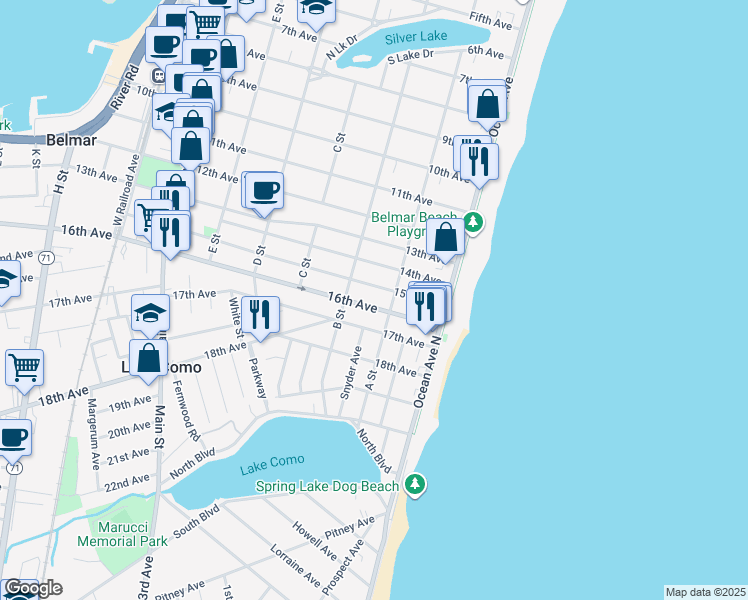 map of restaurants, bars, coffee shops, grocery stores, and more near 218 16th Avenue in Belmar