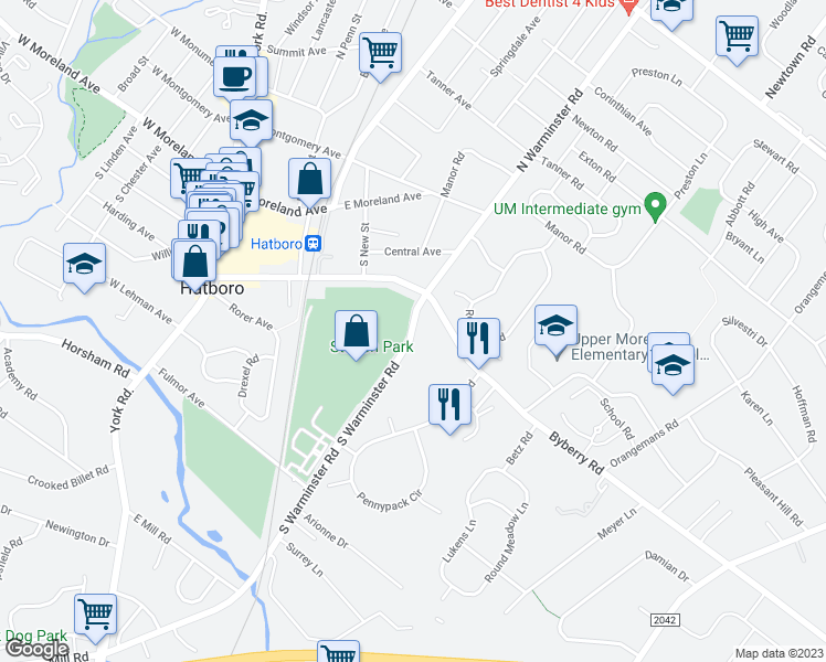 map of restaurants, bars, coffee shops, grocery stores, and more near 305 State Route 2040 in Hatboro