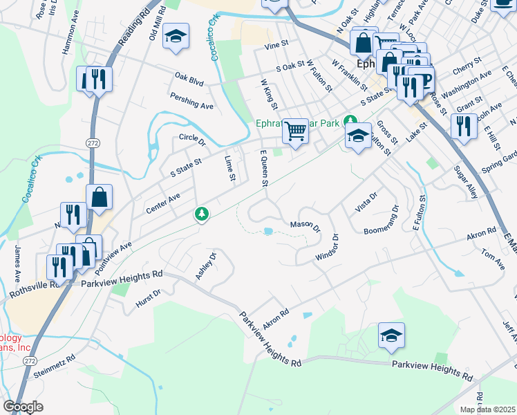 map of restaurants, bars, coffee shops, grocery stores, and more near 176 Brickyard Circle in Ephrata