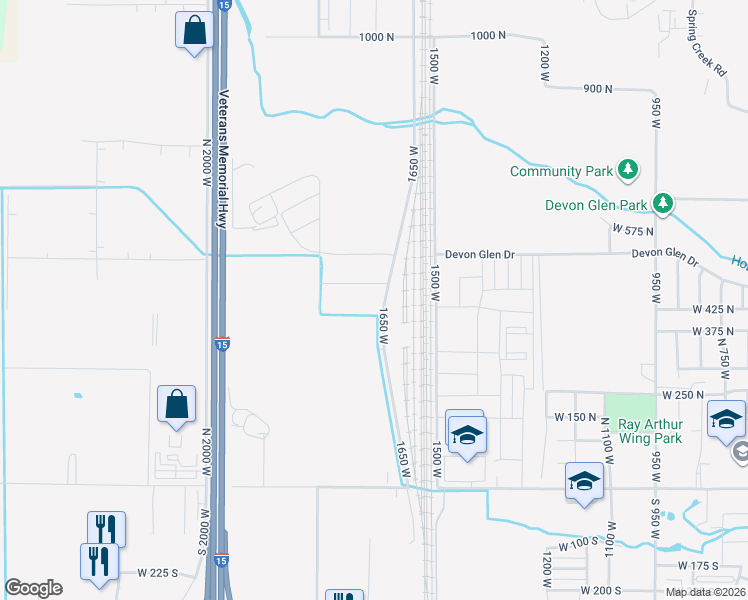 map of restaurants, bars, coffee shops, grocery stores, and more near 451 East 1650 South in Springville