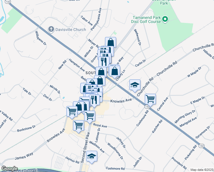 map of restaurants, bars, coffee shops, grocery stores, and more near 756 Street Road in Bucks County