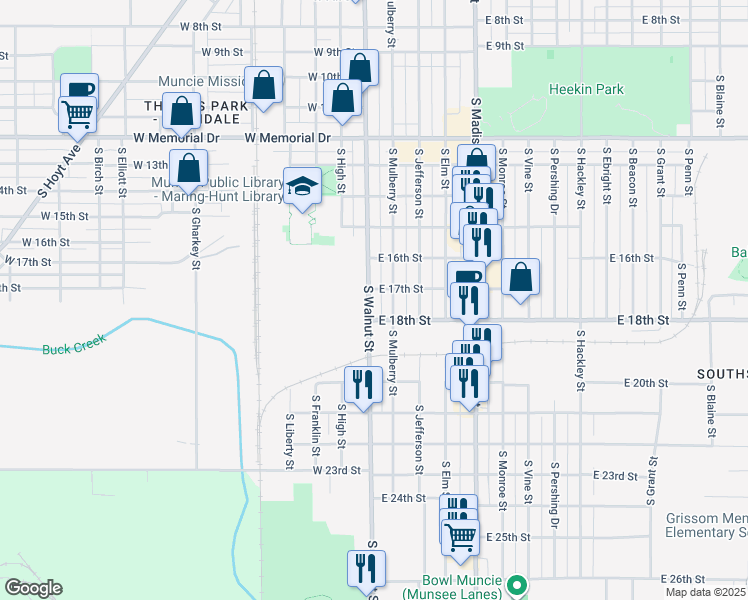 map of restaurants, bars, coffee shops, grocery stores, and more near 2410 South Walnut Street in Muncie