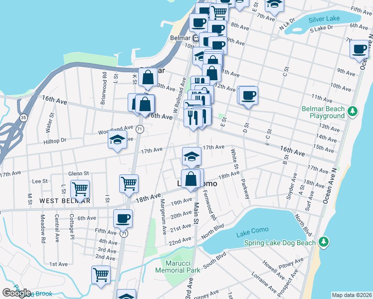 map of restaurants, bars, coffee shops, grocery stores, and more near 703 17th Avenue in Belmar