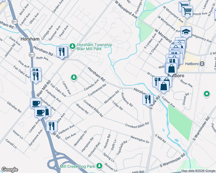 map of restaurants, bars, coffee shops, grocery stores, and more near 409 Continental Rd in Hatboro