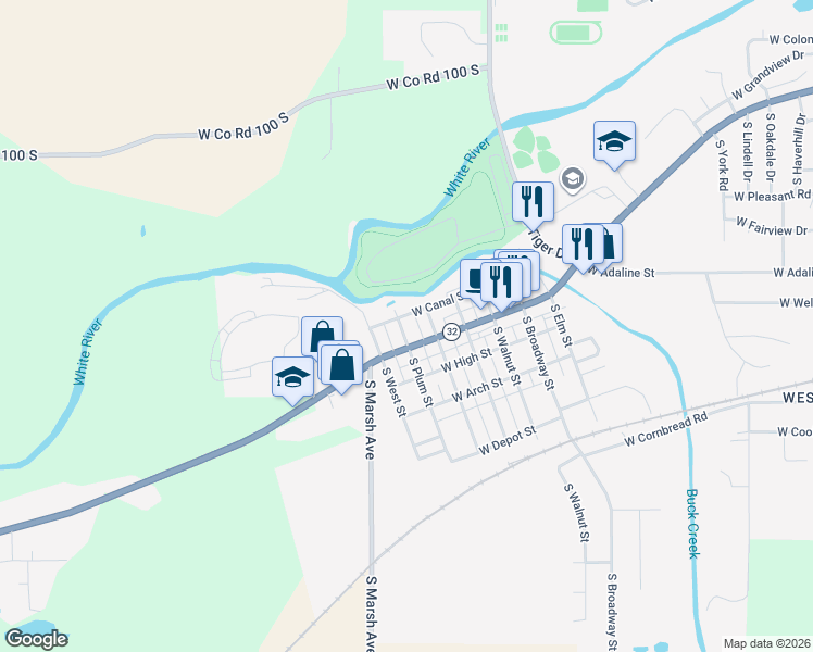 map of restaurants, bars, coffee shops, grocery stores, and more near 2104 South Plum Street in Yorktown