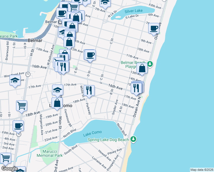 map of restaurants, bars, coffee shops, grocery stores, and more near 311 16th Avenue in Belmar