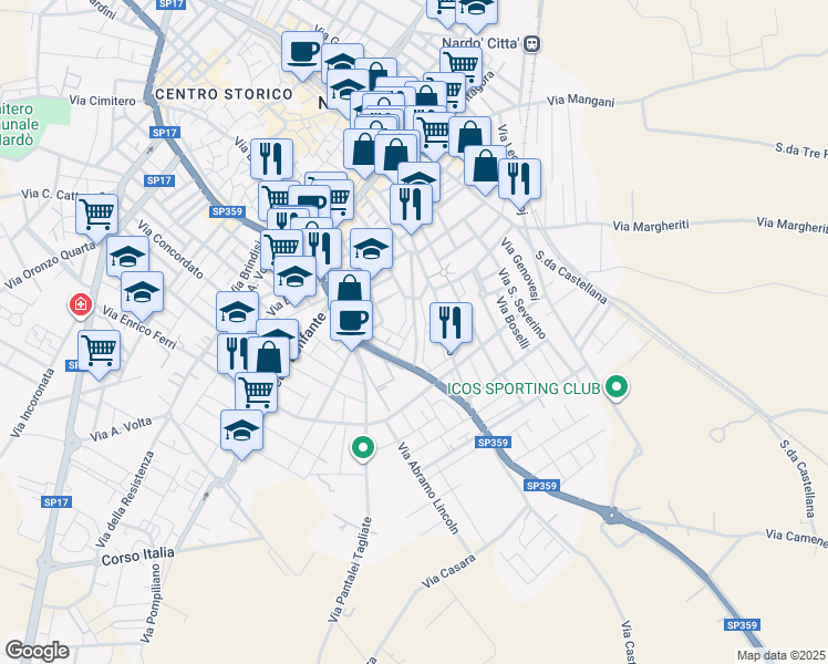 map of restaurants, bars, coffee shops, grocery stores, and more near 43 Viale della Libertà in Nardò