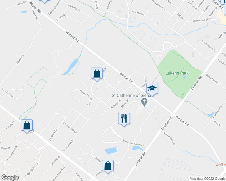 map of restaurants, bars, coffee shops, grocery stores, and more near 105 Cobblestone Circle in Horsham