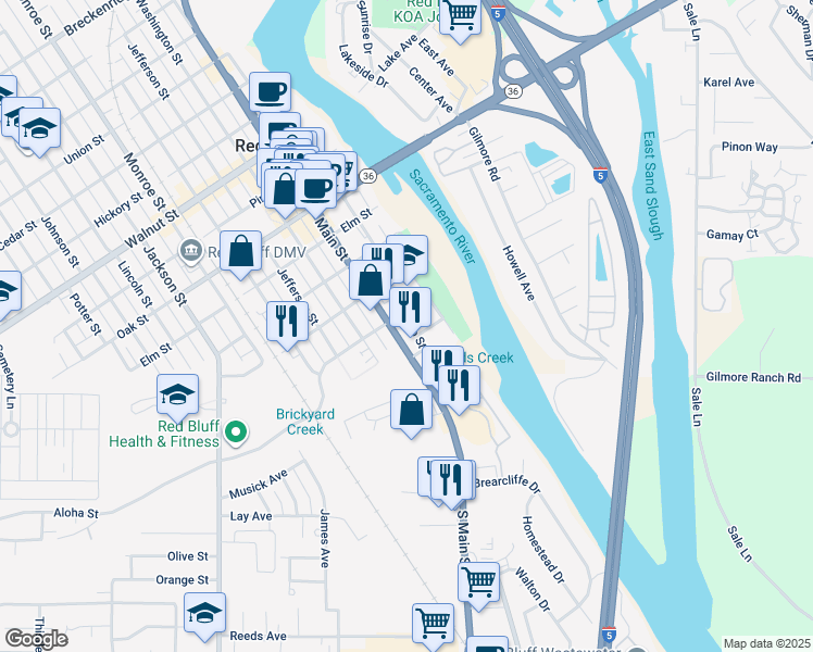 map of restaurants, bars, coffee shops, grocery stores, and more near 156 Rio Street in Red Bluff
