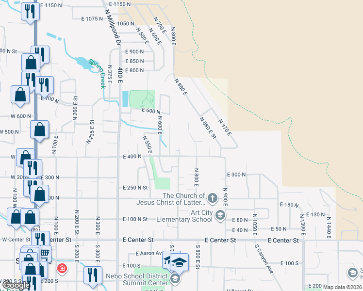 map of restaurants, bars, coffee shops, grocery stores, and more near 711 East 400 North in Springville