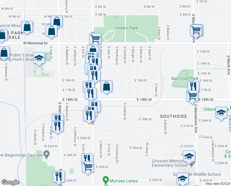 map of restaurants, bars, coffee shops, grocery stores, and more near 2405 South Pershing Drive in Muncie