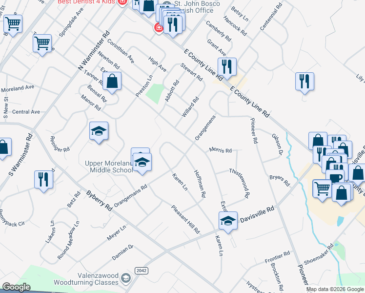 map of restaurants, bars, coffee shops, grocery stores, and more near 232 Silvestri Dr in Hatboro