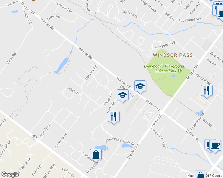 map of restaurants, bars, coffee shops, grocery stores, and more near 3 Church Rd in Horsham