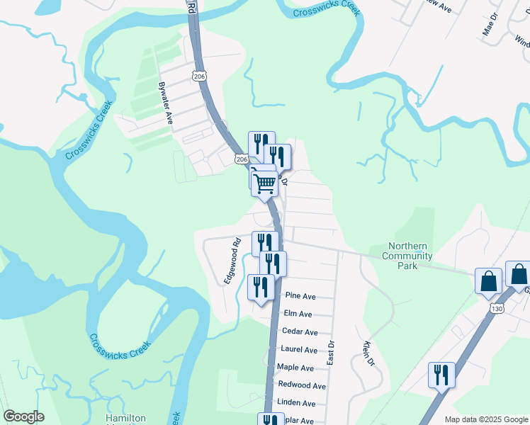 map of restaurants, bars, coffee shops, grocery stores, and more near Martin Avenue in Fieldsboro