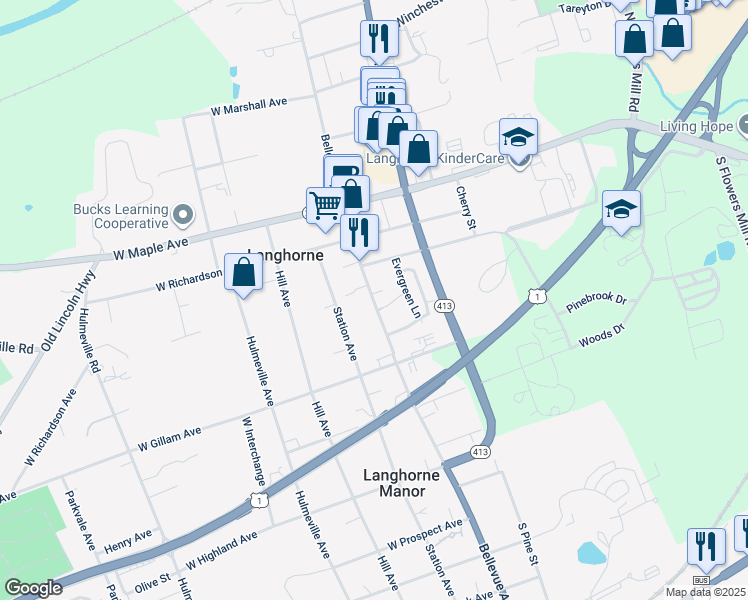 map of restaurants, bars, coffee shops, grocery stores, and more near 336 South Bellevue Avenue in Langhorne