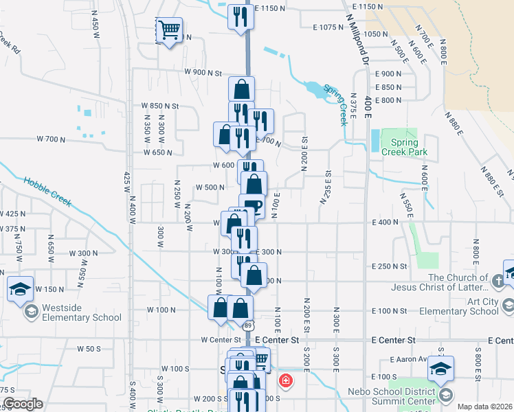 map of restaurants, bars, coffee shops, grocery stores, and more near 460 S State St in Springville