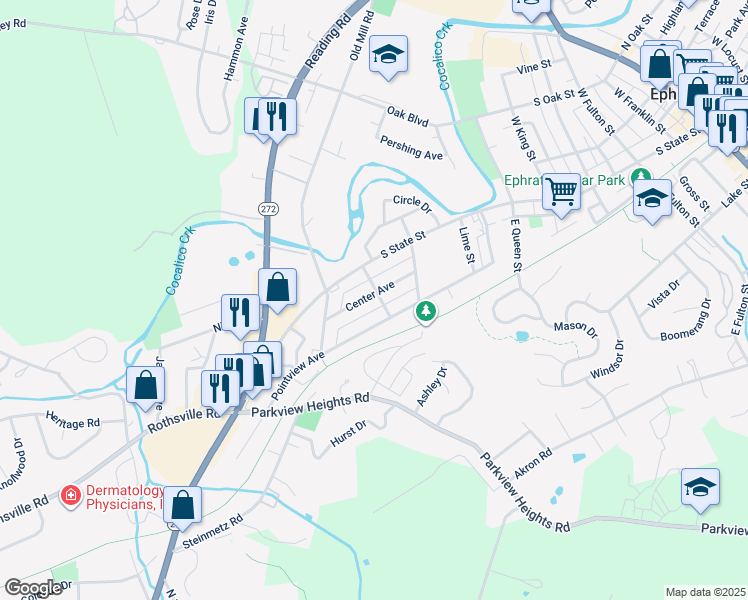 map of restaurants, bars, coffee shops, grocery stores, and more near 105 Gerhart Avenue in Ephrata