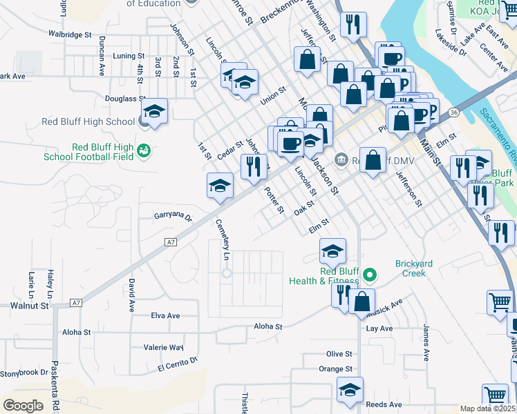 map of restaurants, bars, coffee shops, grocery stores, and more near 1156 Pine Street in Red Bluff