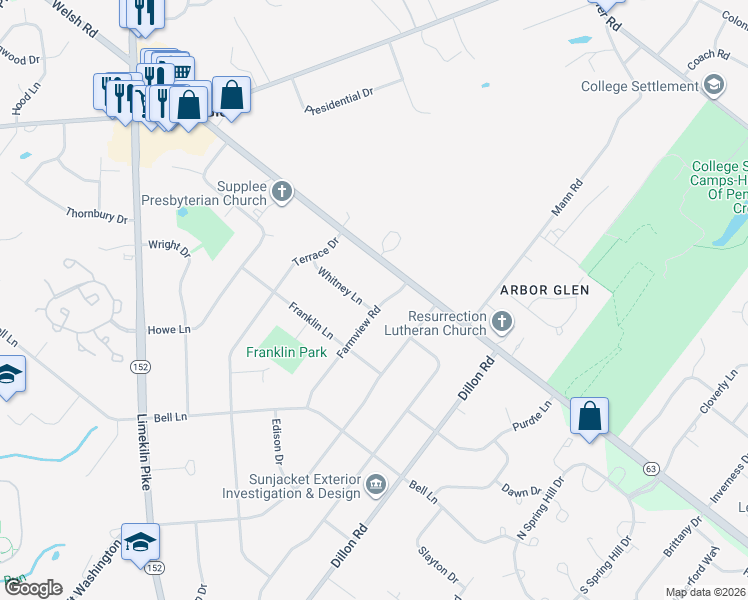 map of restaurants, bars, coffee shops, grocery stores, and more near 996 Whitney Lane in Maple Glen
