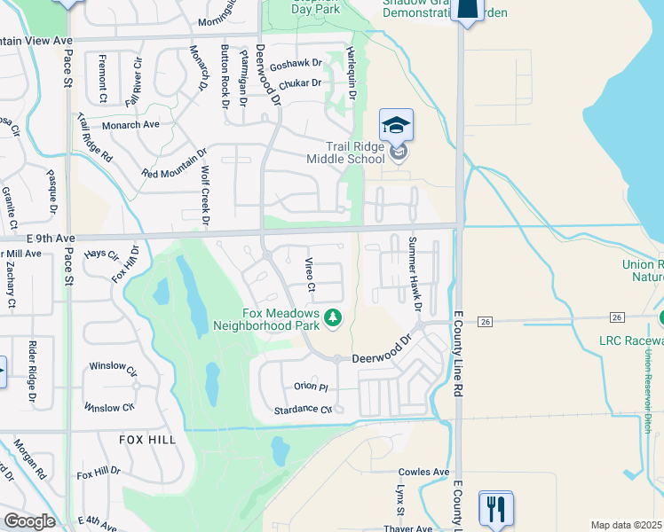 map of restaurants, bars, coffee shops, grocery stores, and more near 824 Tanager Circle in Longmont