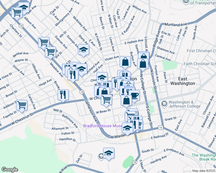 map of restaurants, bars, coffee shops, grocery stores, and more near 138 North Franklin Street in Washington