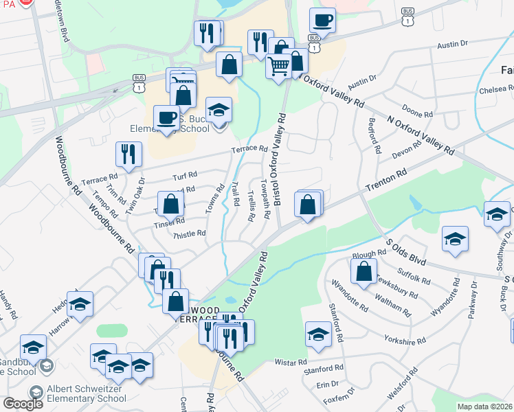 map of restaurants, bars, coffee shops, grocery stores, and more near 32 Trellis Road in Levittown