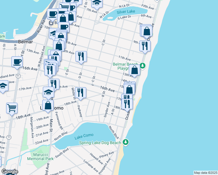 map of restaurants, bars, coffee shops, grocery stores, and more near 218 16th Avenue in Belmar
