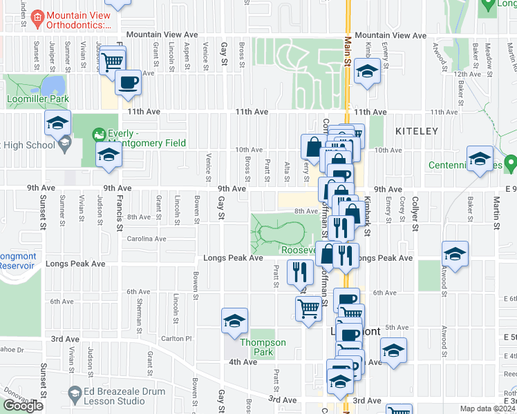 map of restaurants, bars, coffee shops, grocery stores, and more near 820 Bross Street in Longmont