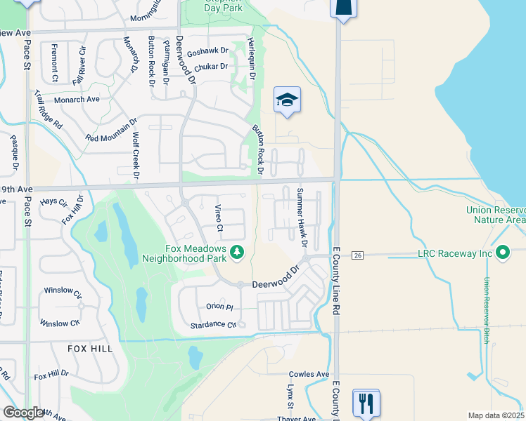 map of restaurants, bars, coffee shops, grocery stores, and more near K 61-66 Summer Hawk Drive in Longmont