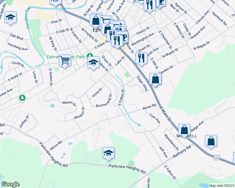 map of restaurants, bars, coffee shops, grocery stores, and more near 13 Westpointe Drive in Ephrata