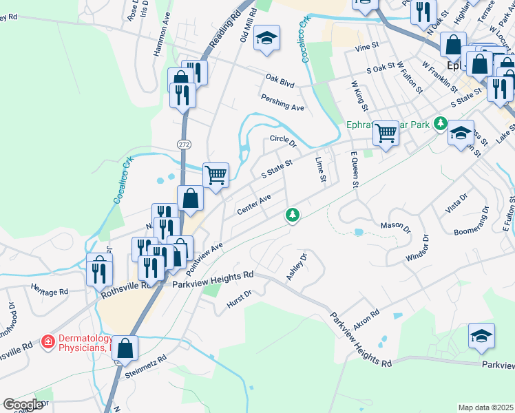 map of restaurants, bars, coffee shops, grocery stores, and more near 105 Gerhart Avenue in Ephrata