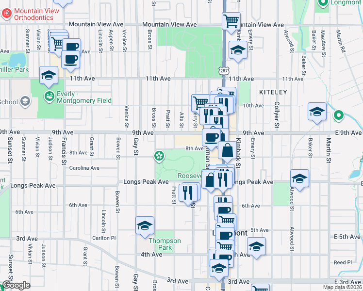 map of restaurants, bars, coffee shops, grocery stores, and more near 760 8th Avenue in Longmont